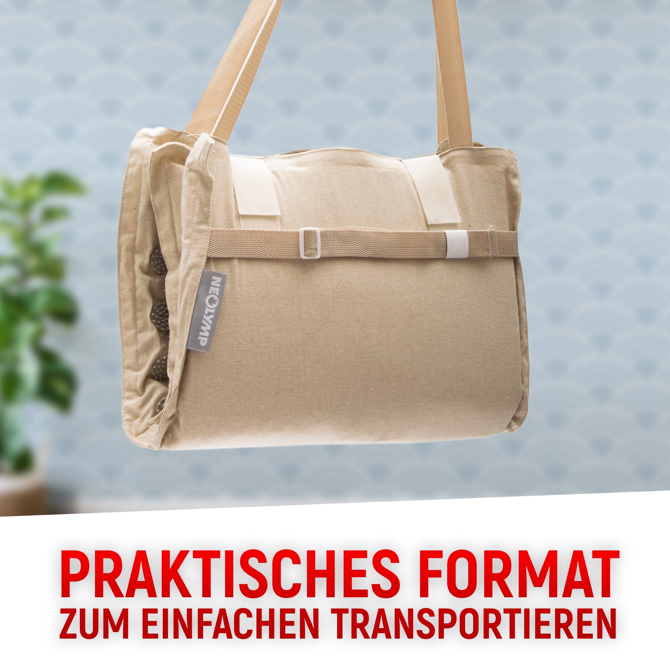 NEOLYMP Akupressurmatte 100% Leinen, Kokosfaserfüllung, Buchweizen - 6.930 Druckpunkte (Set, Akupressurmatte, Akupressurkissen, Baumwolldecke), Klettverschluss, wandelbar zur Tragetasche, Ganzkörpermassage