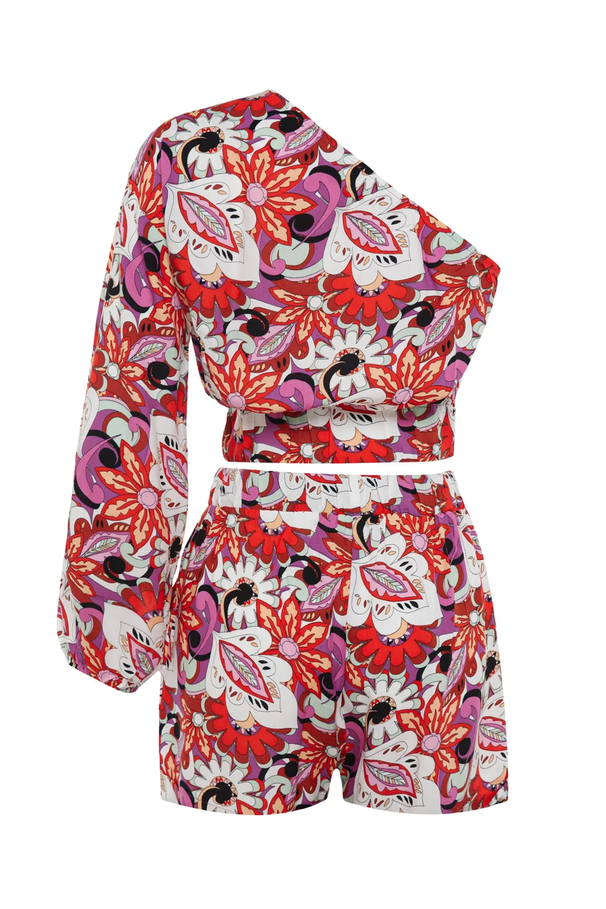 Trendyol Collection  Gewebtes One-Shoulder-Bluse-Shorts-Set mit Blumendruck TBESS21AU0077