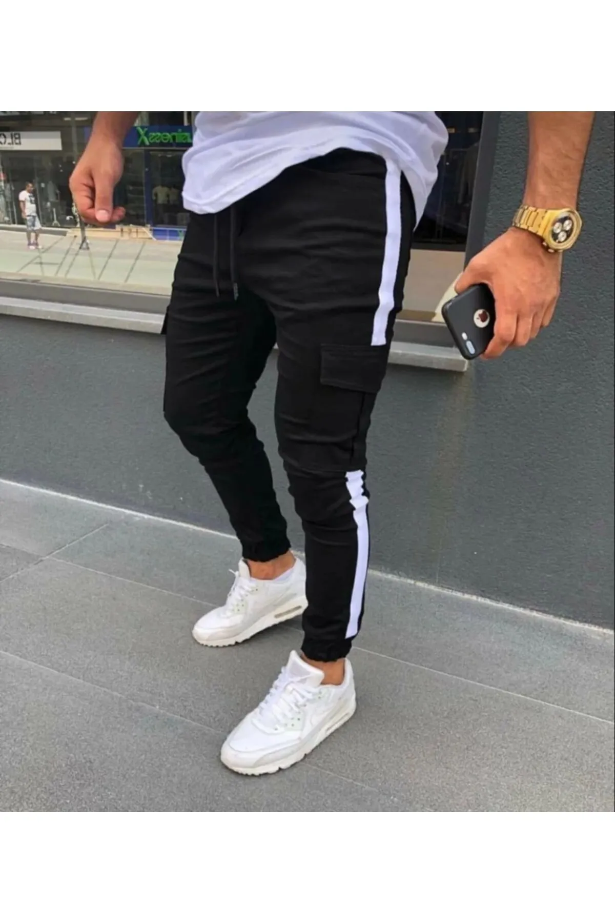 uyguntarz  Seitliche weiße Jogginghose mit Cargotasche