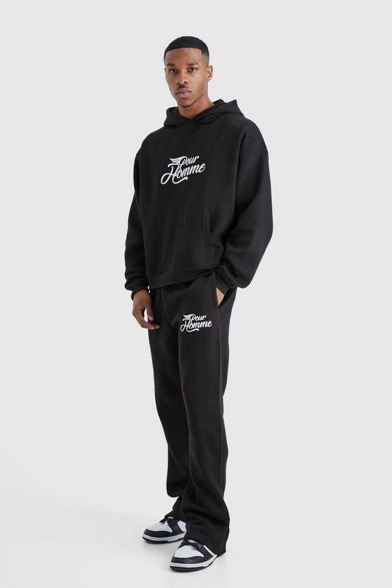 Kastiger Oversize Trainingsanzug mit Pour Homme Print und Kapuze