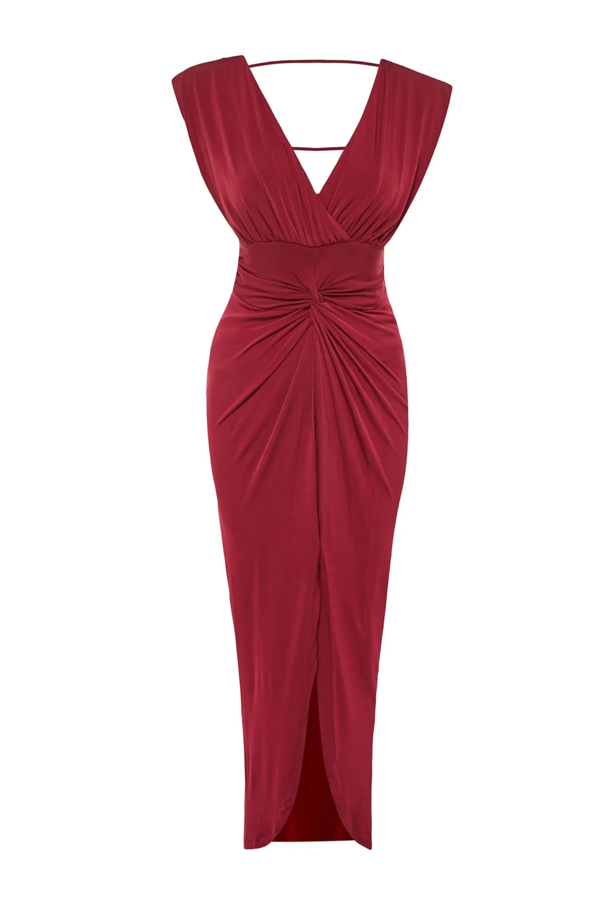 Trendyol Collection  Burgunderrotes, gefüttertes, langes Abendkleid mit Strickpaspelierung TPRSS22AE0034
