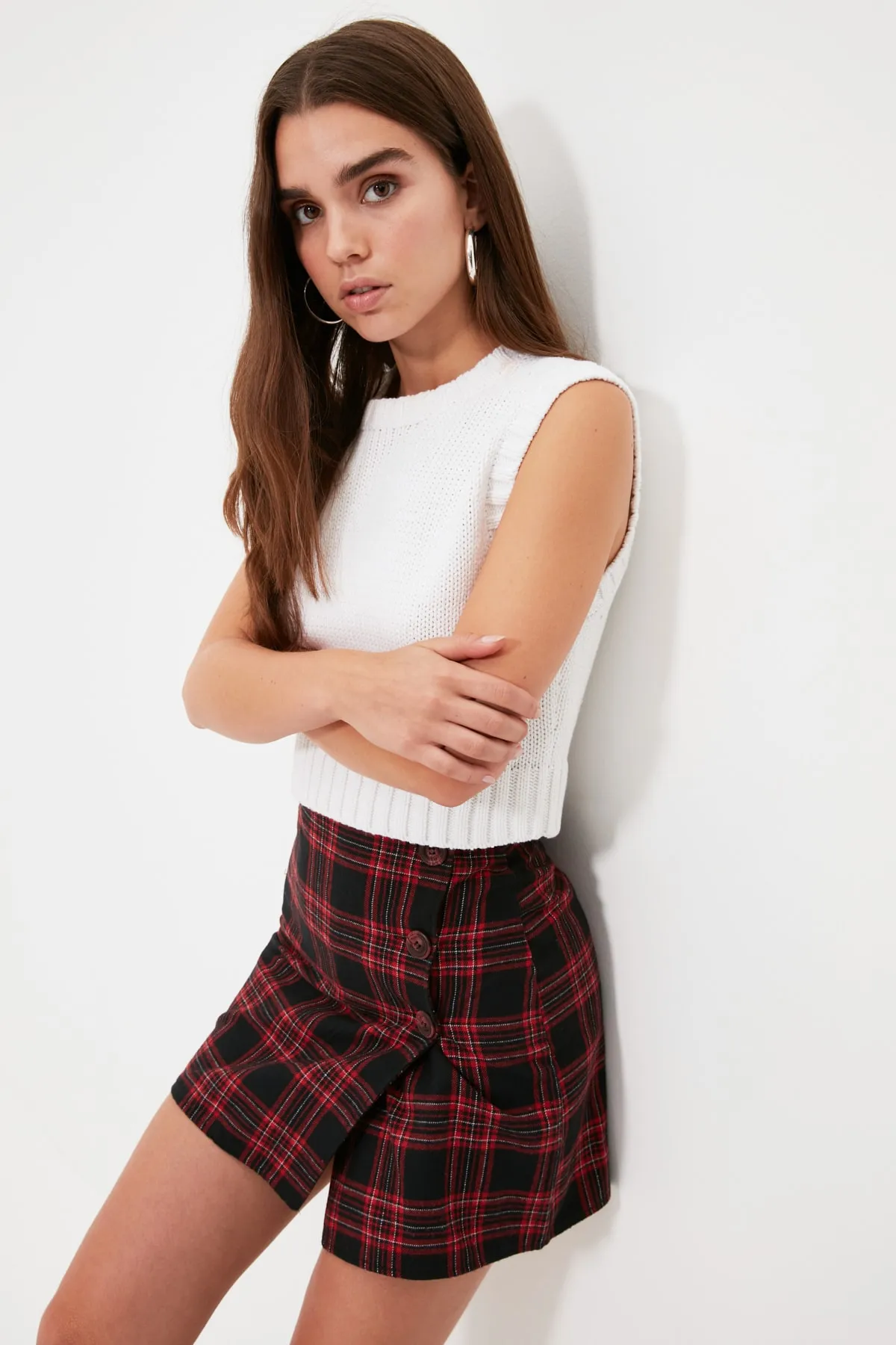 Trendyol Collection  Roter zweireihiger Mini-Webrock mit Karomuster TWOAW21ET0589