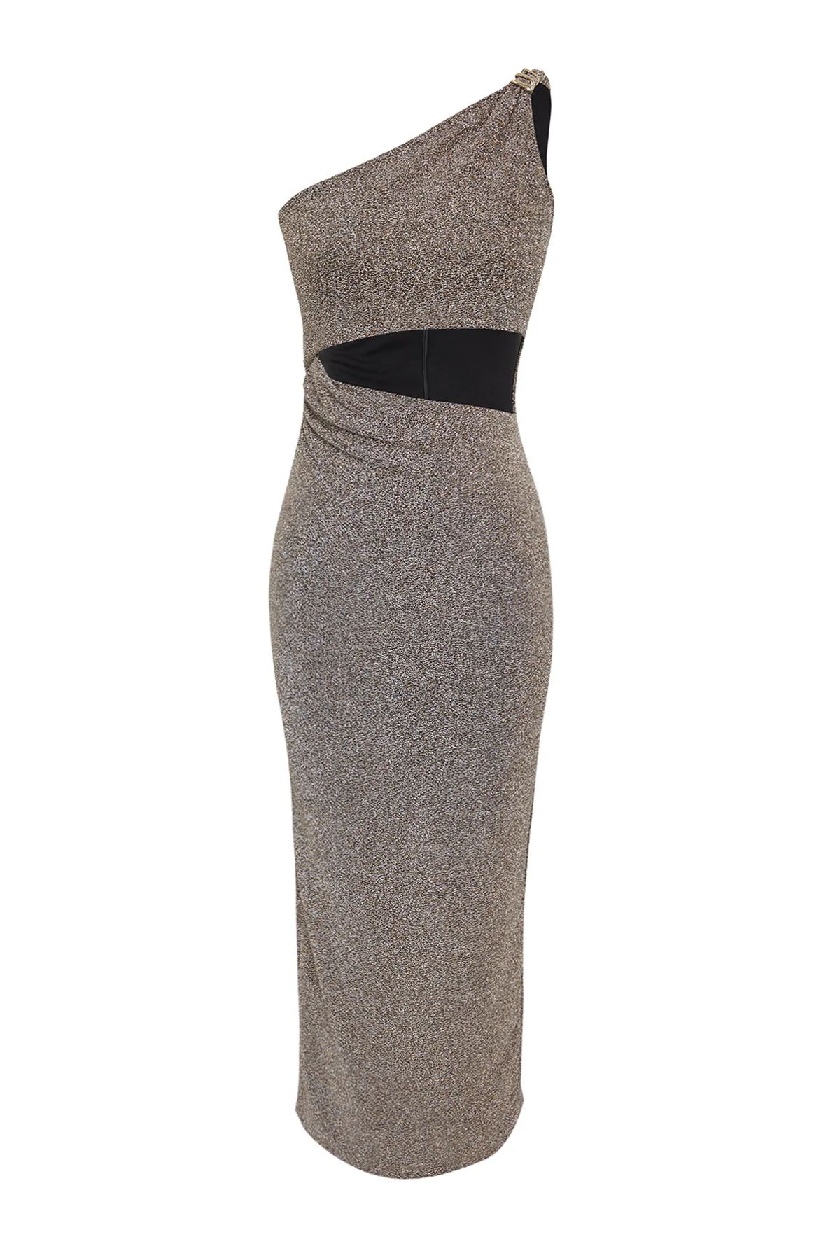 Trendyol Collection  Zeynep Tosun Stilvolles Abendkleid mit Glitzer und Schlangen-Accessoire-Details - Bronzefarbenes Strickkleid TCLSS24EL00005