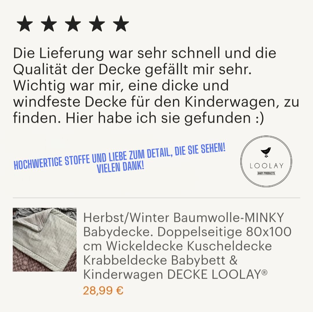 Babydecke Warm, Mittelwarm BAUMWOLLE/MINKY Babydecke 80x100 cm Kuscheldecke, Loolay, Warm und Weich Babybett und Kinderwagen DECKE von LOOLAY®