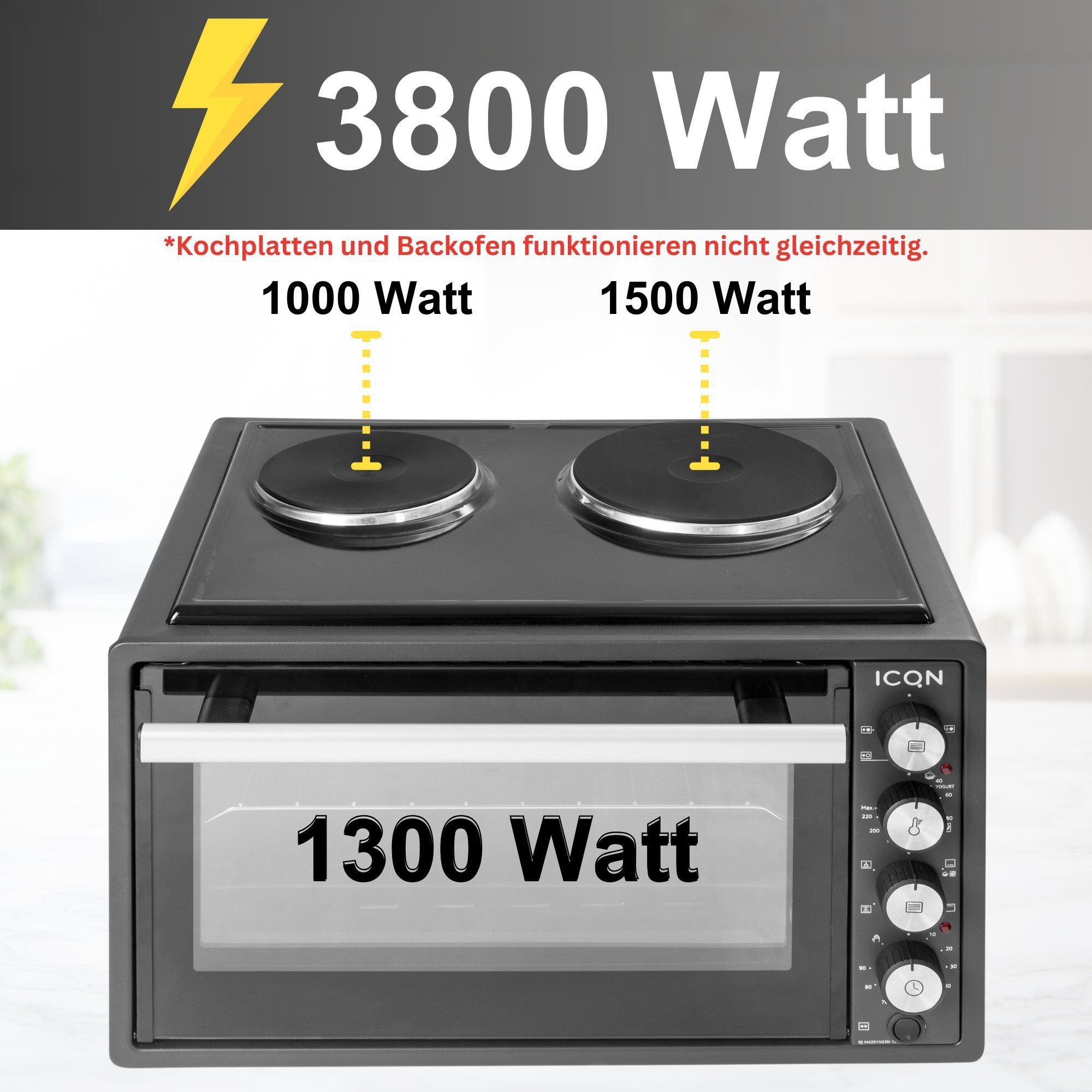 ICQN Minibackofen mit Kochplatten, 3800 W, inkl. Backblech Set, Emailliert, Umluft, Pizza-Ofen, Doppelverglasung, Drehspieß, Mini Ofen, 40°-230°C