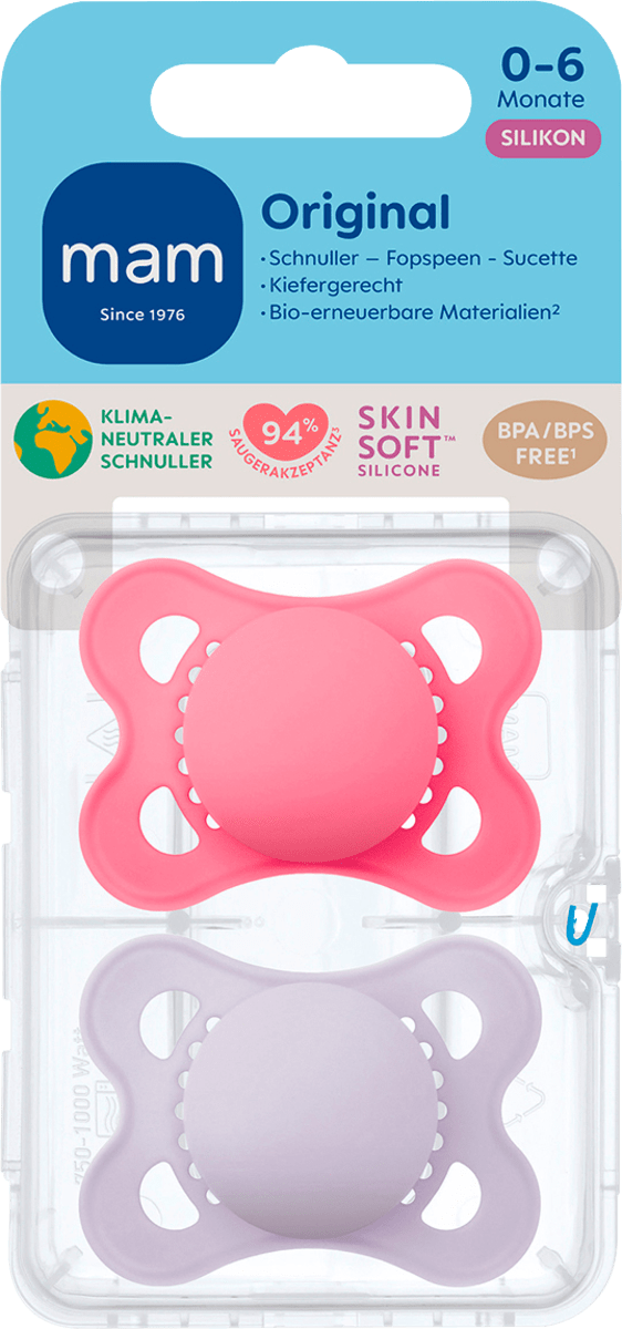 Schnuller Original plain Silikon pink/lila, 0-6 Monate, 2 St