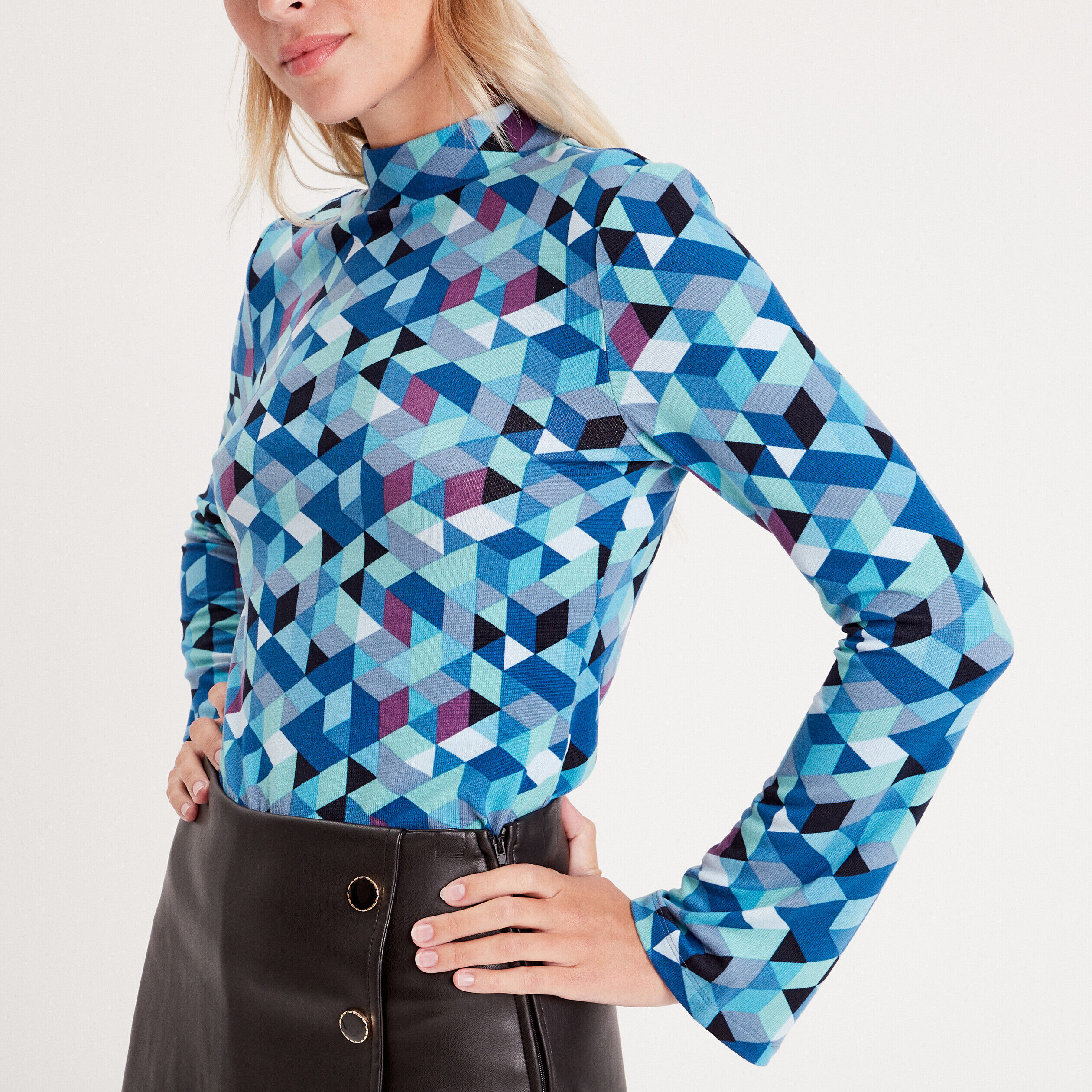 T-shirt col montant bleu femme | Cache Cache