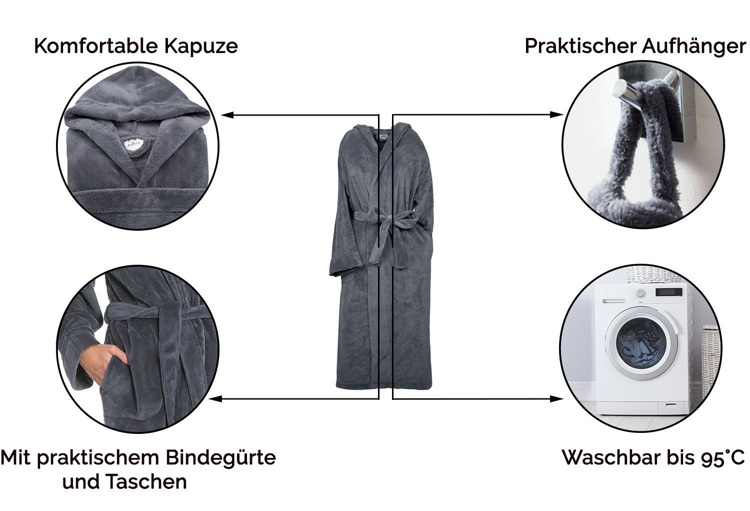 ZOLLNER Unisex-Bademantel, 100% Polyester, Kapuze, Gürtel, Kapuze, 100% Polyester, vom Hotelwäschespezalisten, S-XXL