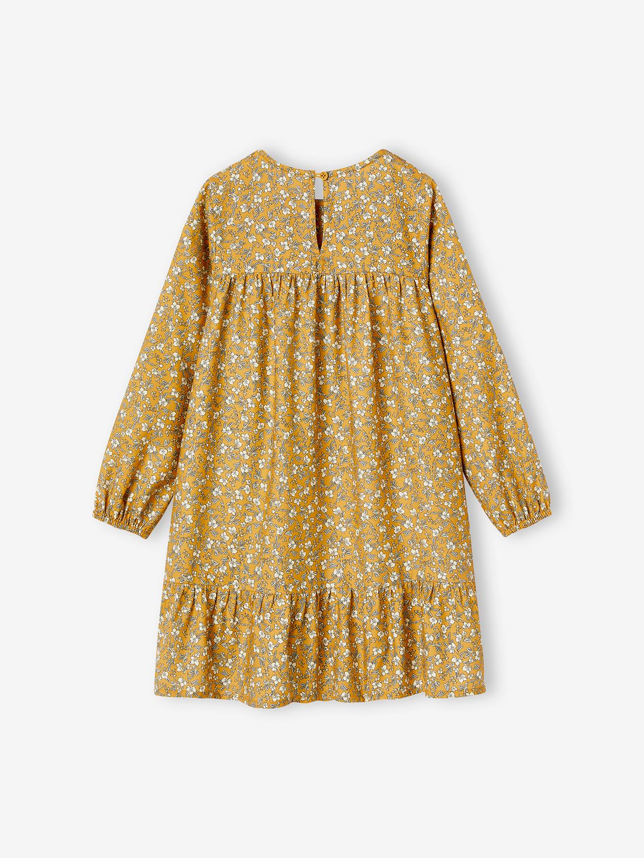 Robe à smocks motifs fleurs fille manches longues moutarde