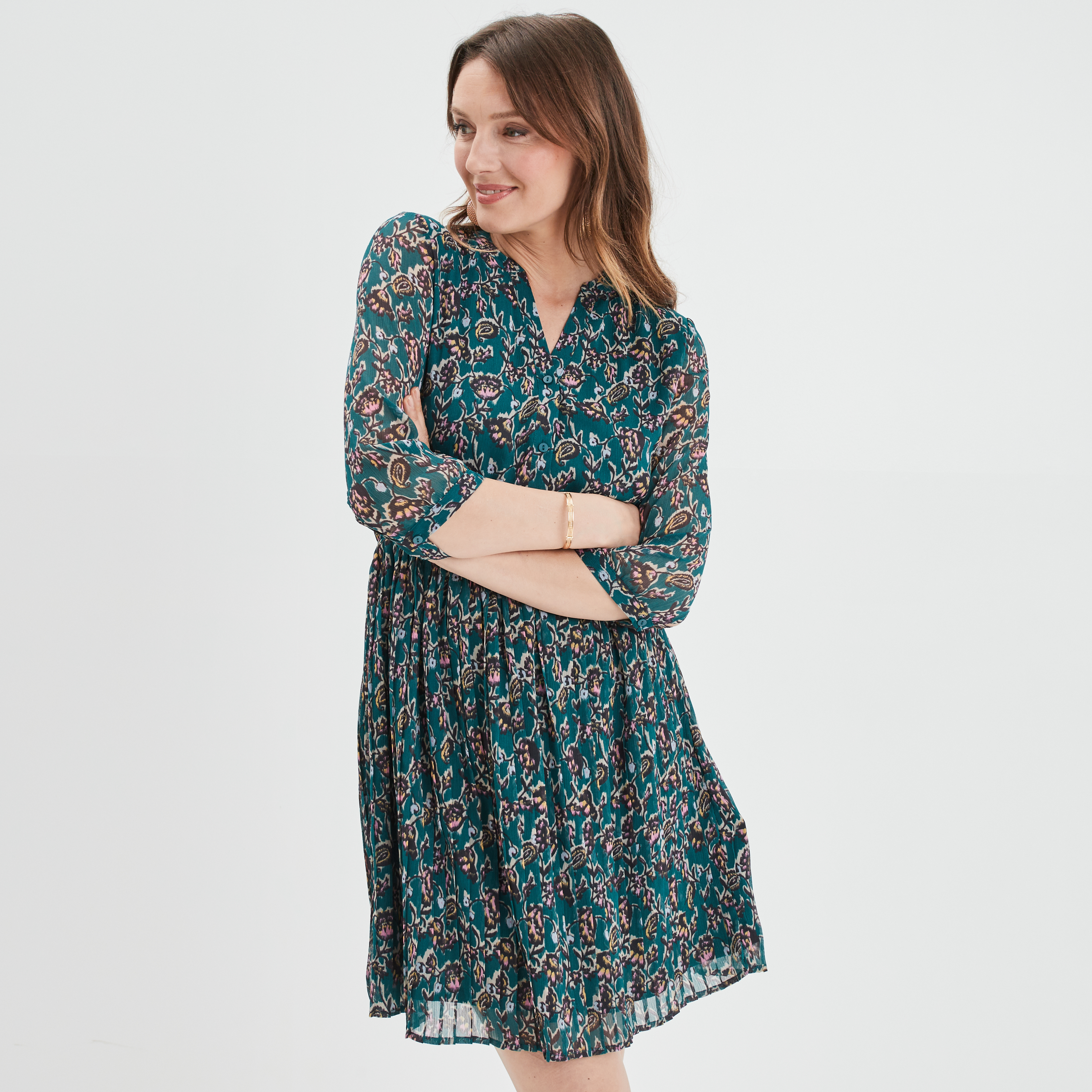Robe évasée bas plissé manches 3 4 vert foncé femme | La Halle