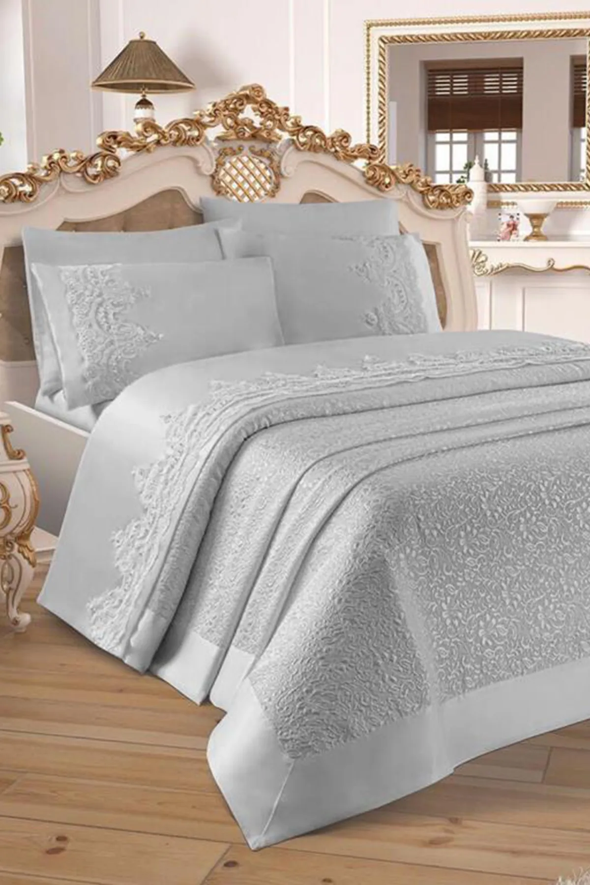 Çeyiz Diyarı  Çeyizdiyari Französisches Guipure-Diana-Pike-Set, 3-teilig, Grau