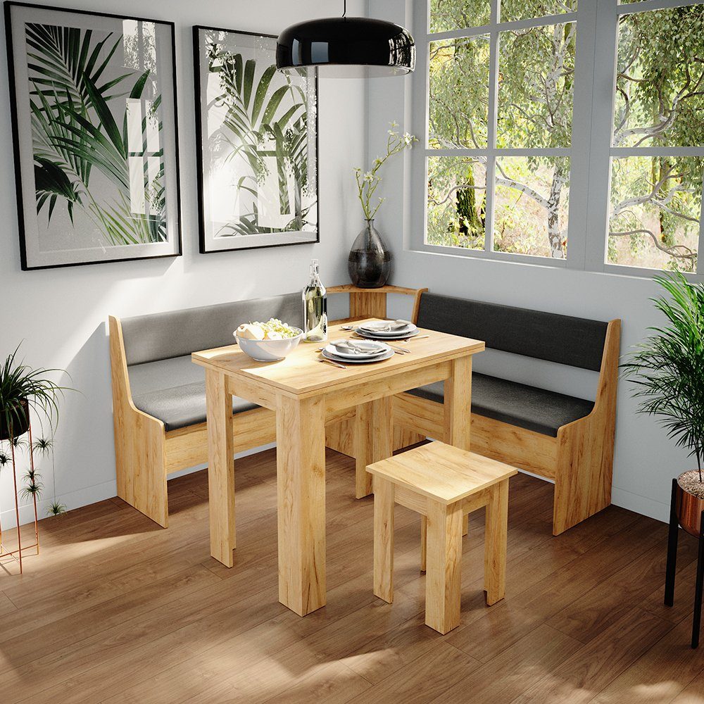 Vicco Sitzgruppe Eckbankgruppe Esszimmergruppe ROMAN Sandeiche Goldkraft Set 4, (Set, 5-tlg., 5-er Set), bequeme Polsterung