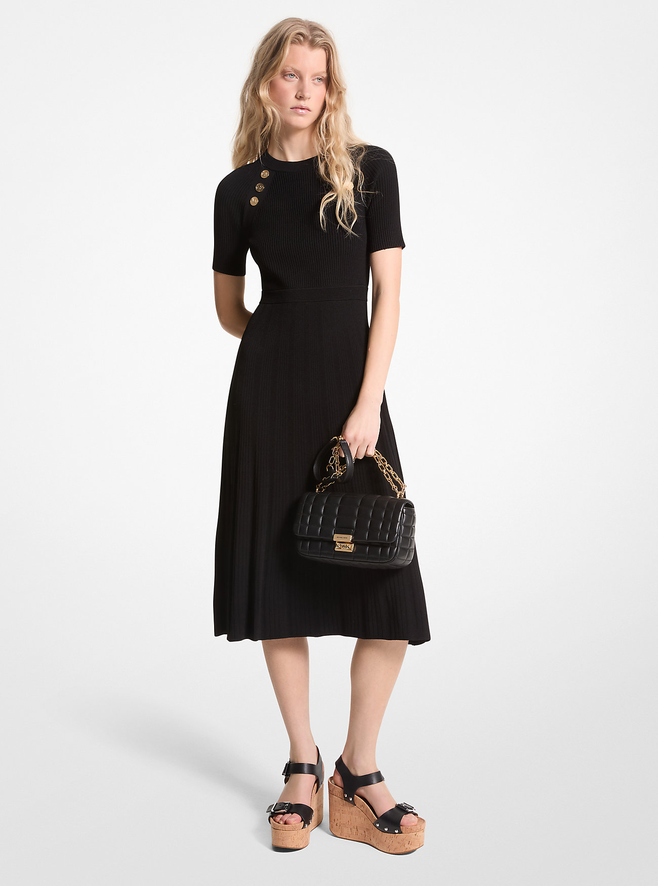Ribbed Stretch Knit Button Midi Dress - BLACK