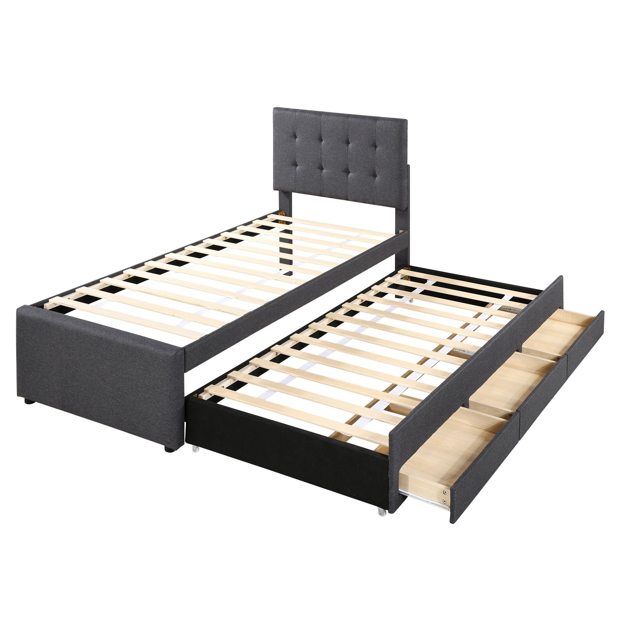Ulife Polsterbett Doppelbett ausziehbares Bett Familienbett, Verstellbares Kopfteil, mit drei Schubladen, 90 x 200 cm