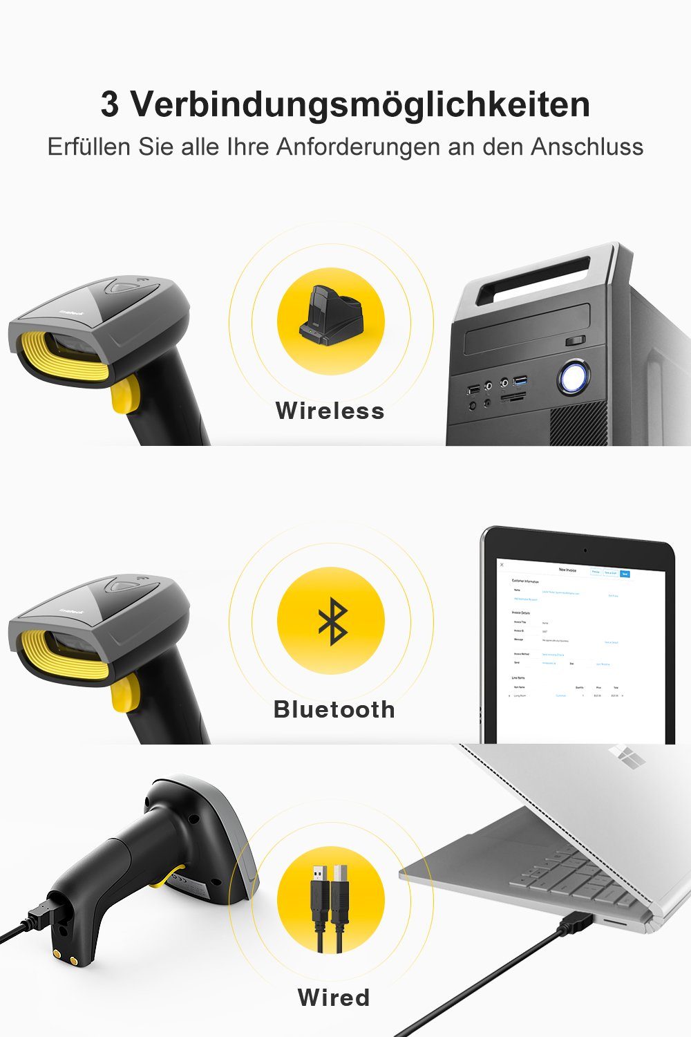Inateck 1D/2D QR Barcode Scanner Bluetooth mit Ladestation Handscanner
