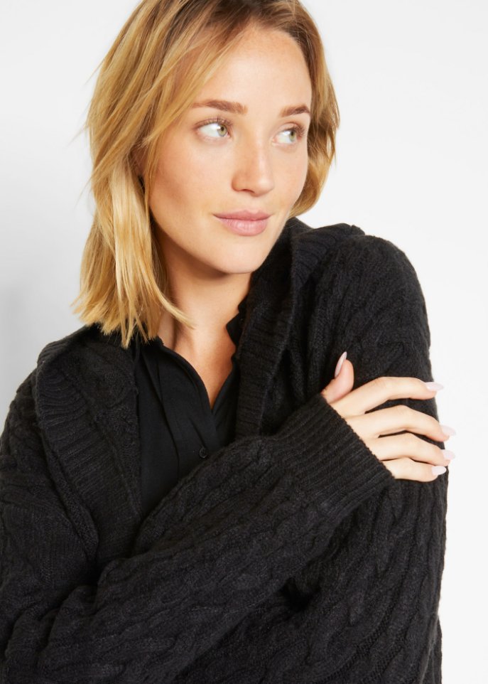 Strickjacke mit Zopfmuster und Kapuze