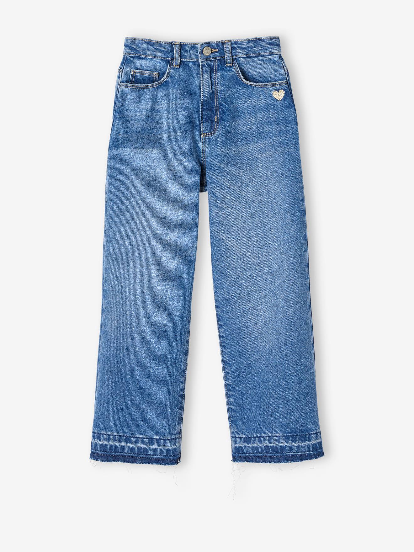 Jean large fille bas effiloché denim bleached