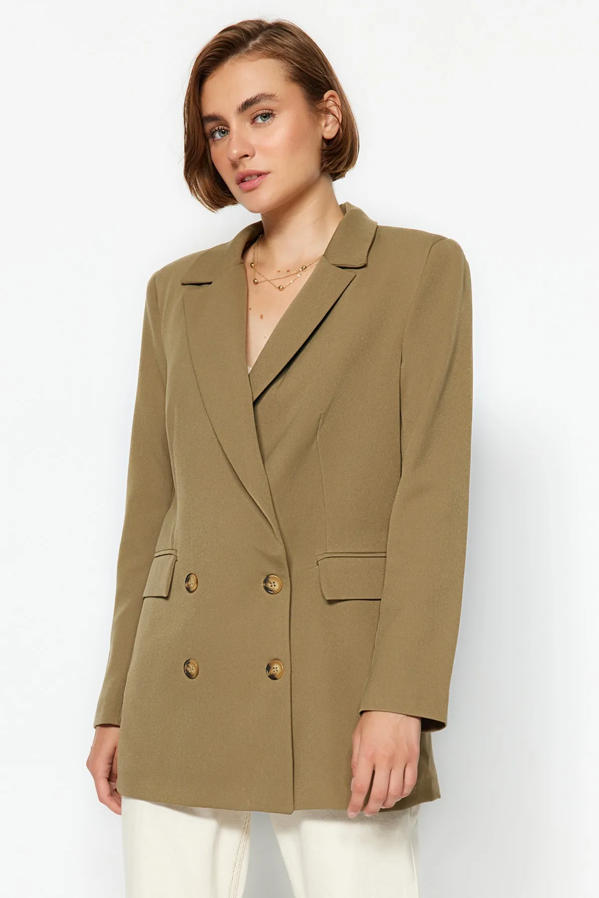 Trendyol Collection  Hellkhakifarbene, gefütterte, geknöpfte, gewebte Blazerjacke TWOAW22CE0167