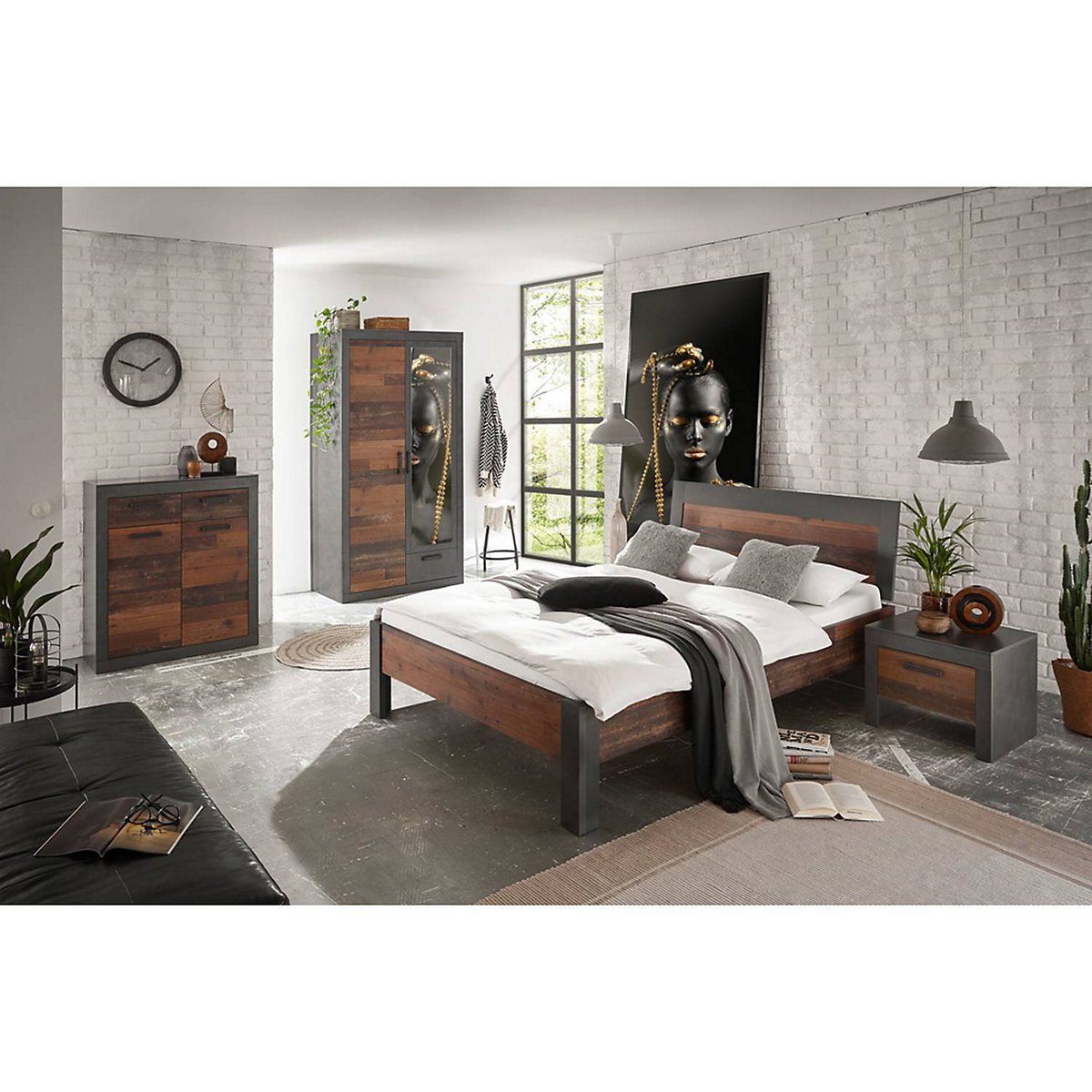 Schlafzimmer Komplett Set BERLIN-S-61 Liegefläche 140x200 cm, Industrial Design, in Matera anthrazit/grau mit Old Mix Dekor