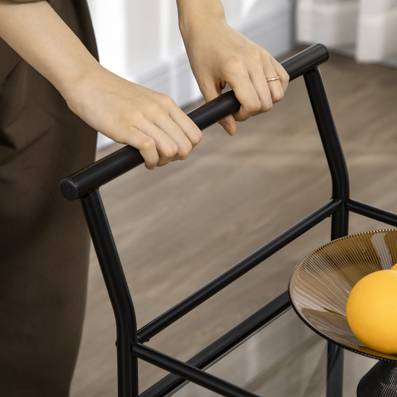 HOMCOM Küchenwagen, Rollwagen, Servierwagen mit 2 Ablagen, Trolley, Beistellwagen auf Rollen, Aufbewahrungswagen für Küche, Metall, Schwarz, 75 x 40 x 80 cm