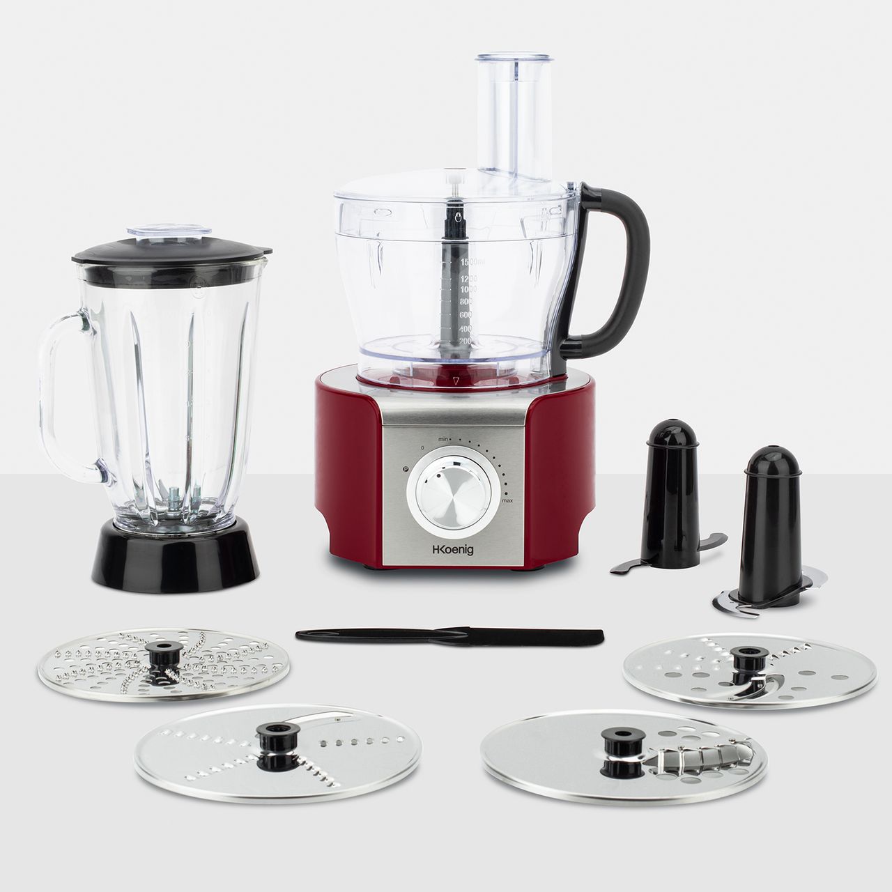 H.Koenig MX18 Multifunktionale Küchenmaschine Rot Professionell Kompakt, Mixbehälter 1,5 L, Glas-Mixer mit Graduierung 1,5 L, 4 Stahlscheiben Klinge Spatel, 8 Funktionen, Leistungsstark 800W