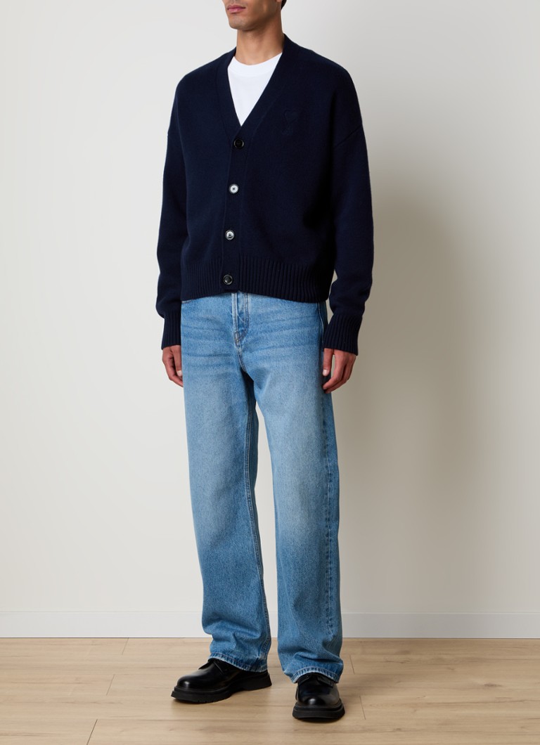 AMI Paris Fine-knit cardigan in cashmere wool blend with logo