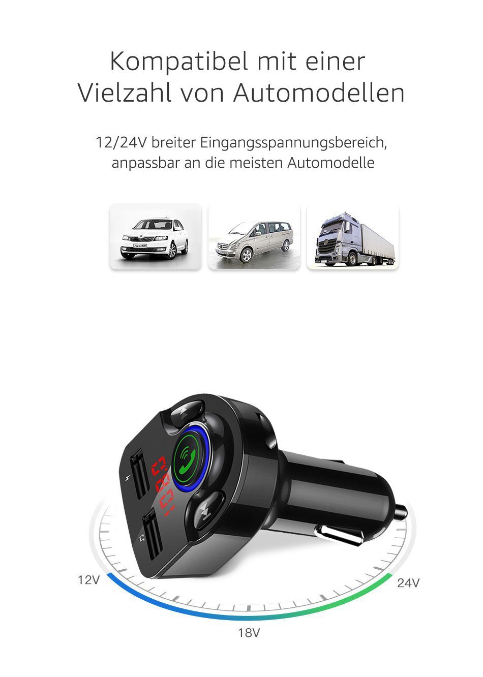 LifeImpree Auto-Adapter, Auto MP3 Player, USB Ladegerät, Kabellose Ladegeräte, FM transmitter