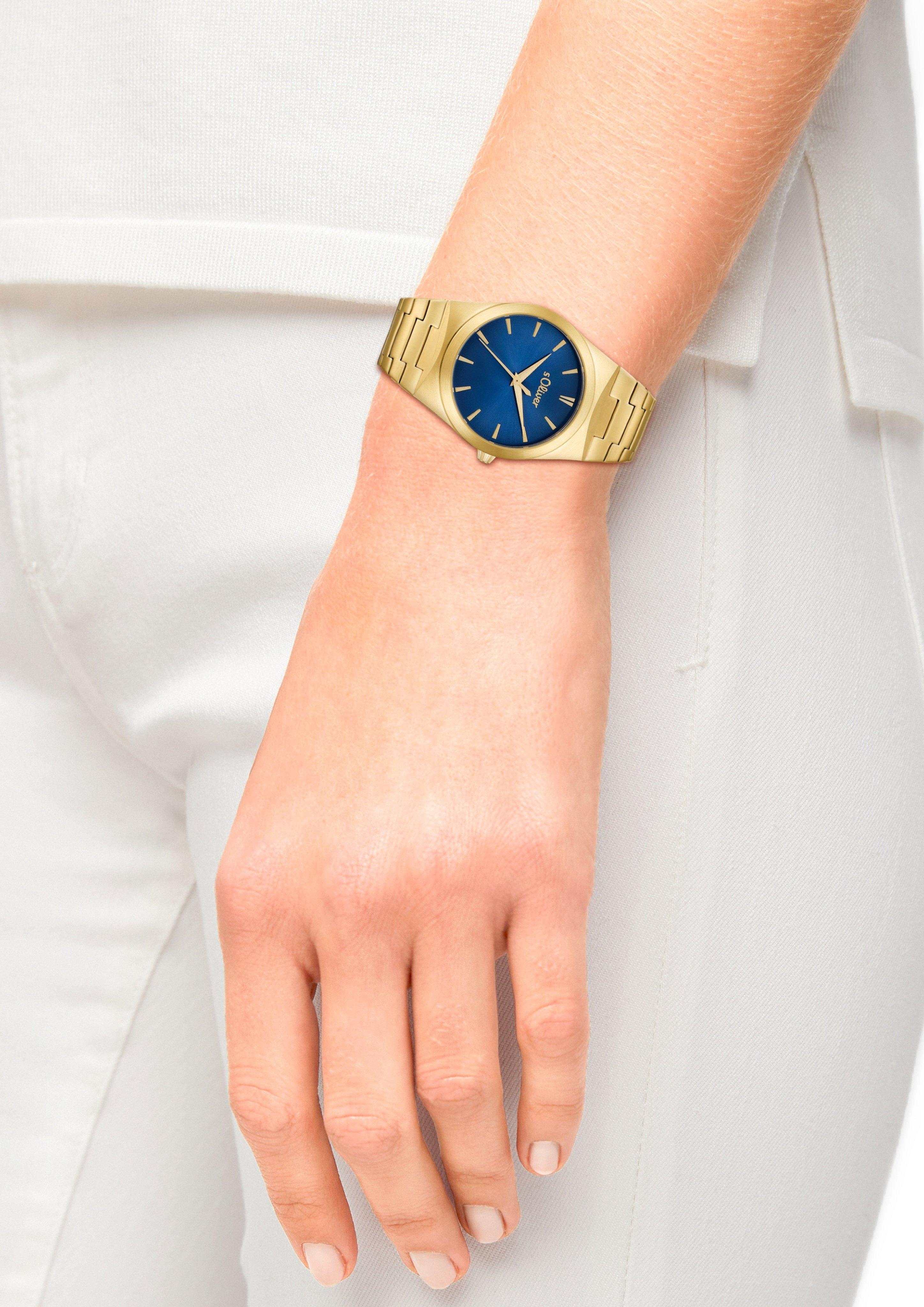 Goldene Edelstahl-Armbanduhr mit blauem Ziffernblatt  6009569-19B0