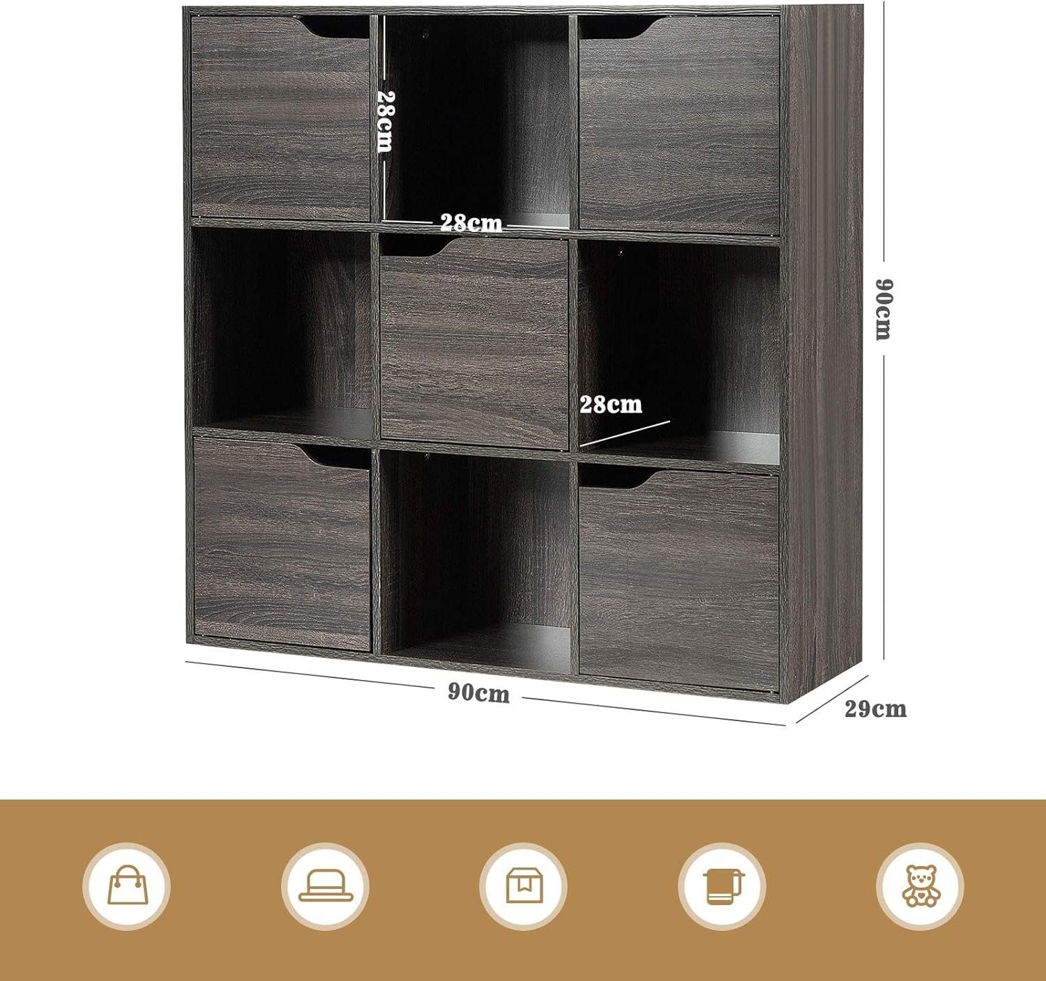 KOMFOTTEU Bücherregal Würfelregal mit 9 Fächern & 5 Türen, 90x29x90cm, grau