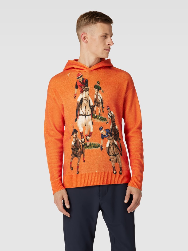 Strickpullover aus Wolle mit Motiv-Stitching in orange