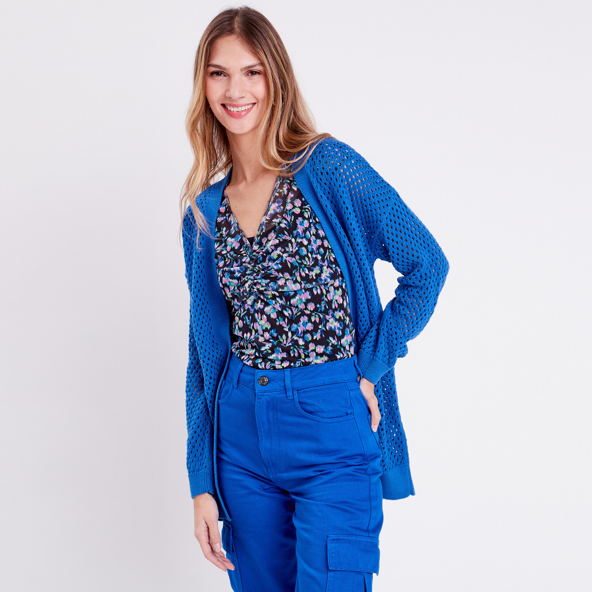 Gilet long ajouré bleu electrique femme | Cache Cache