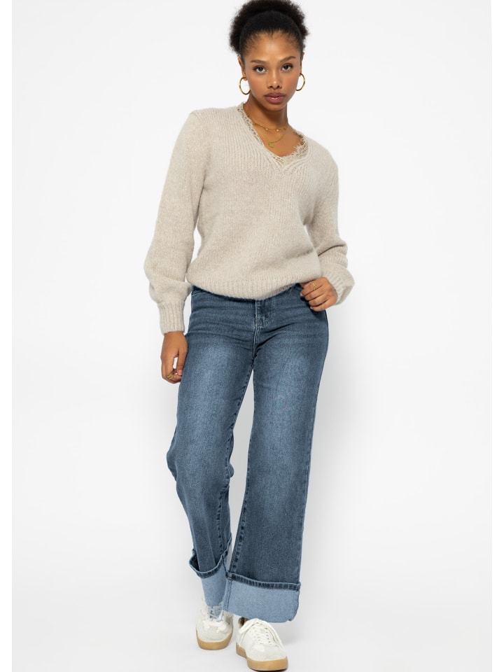 SASSYCLASSY Strickpullover mit Spitzendetail am Ausschnitt. in Beige günstig kaufen