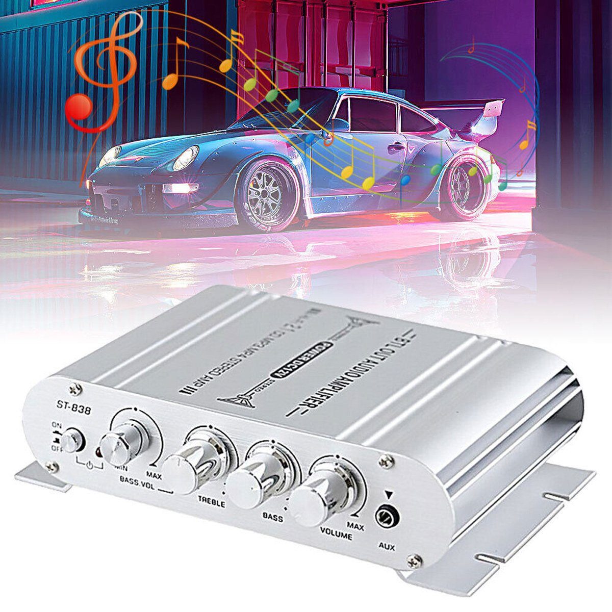 Yoyaxi 12-V-Car-Audio-Stereo-Verstärker: 2.1-Kanal-HiFi-Leistungsverstärker 2.1 Soundsystem (2.1-Kanal-Audioausgang Standard-Stereo-Cinch und 3,5-mm-AUX-Eingang)