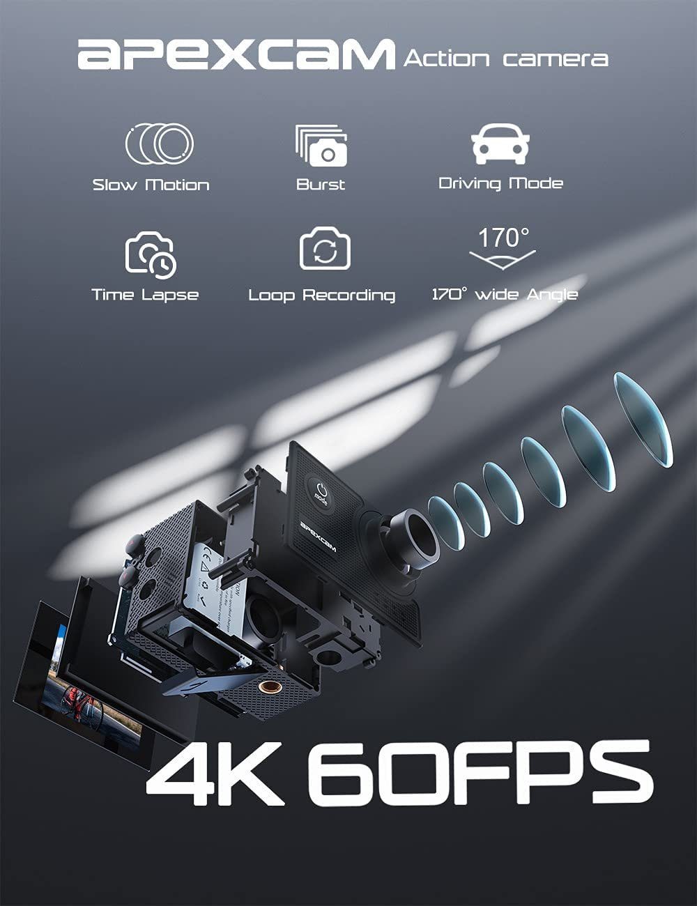 Apexcam X60 Pro Action Cam (1080p, 4K, WLAN (Wi-Fi), 8x opt. Zoom, mit Tasche, zwei Akkus, zwei Ladegeräten, Unterwasserkamera, Fernbedienung, Externes Mikrofon)