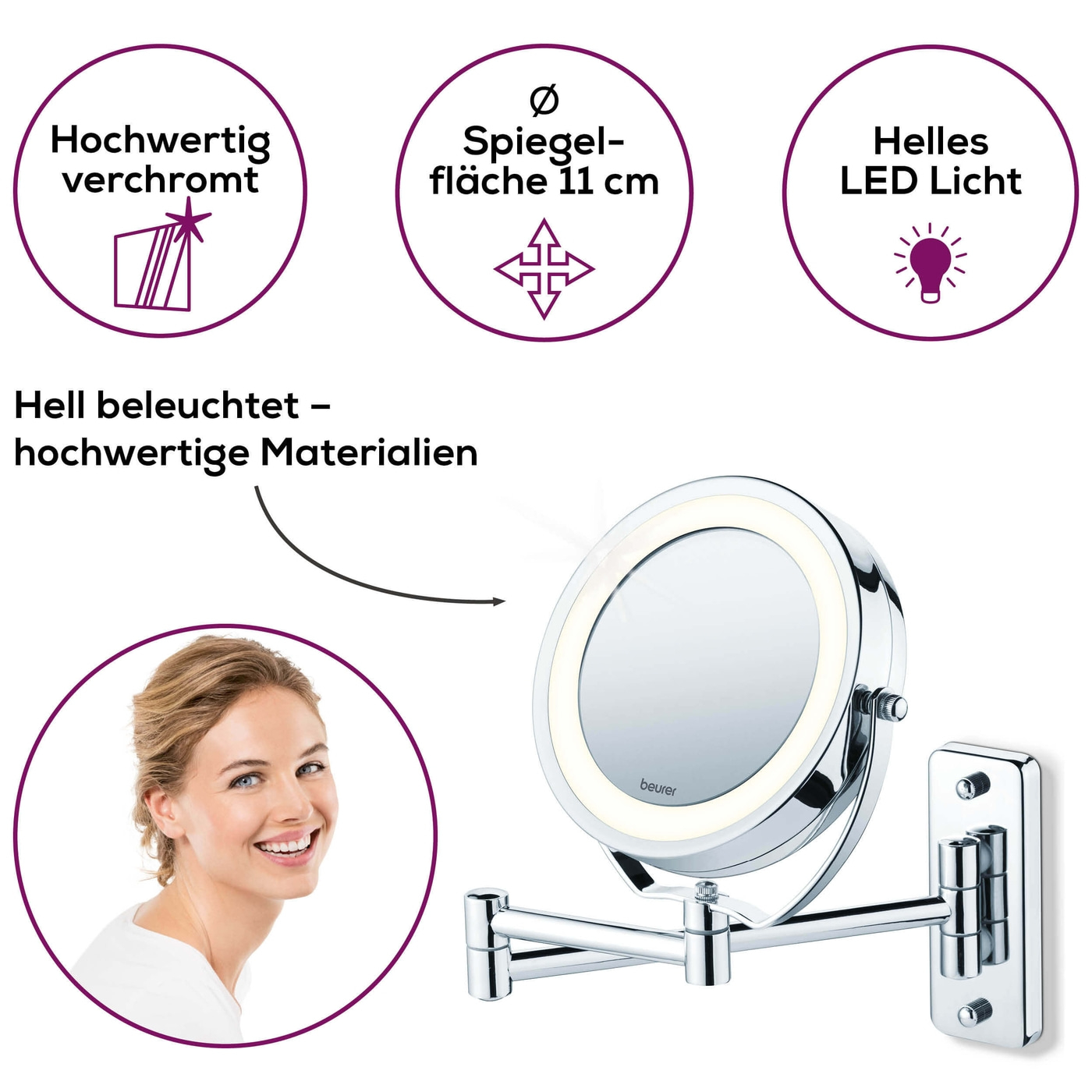 Beleuchteter Kosmetikspiegel BS 59-2-in-1 Wand- und Standspiegel beleuchtet mit 5-fach Zoom