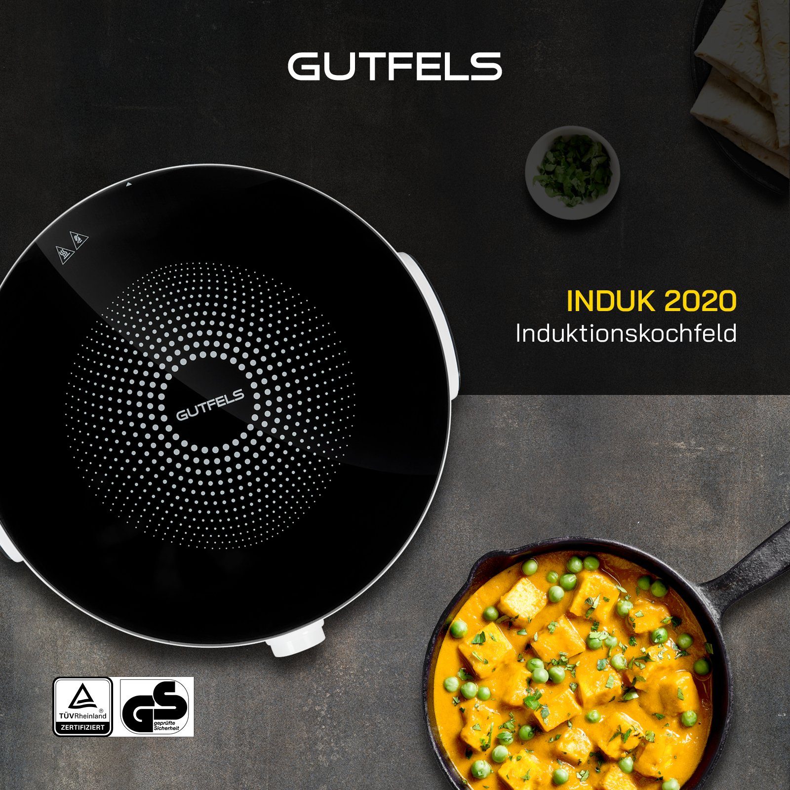 Gutfels Einzel-Induktionskochplatte INDUK 2020, 2000 Watt Leistung, 10 Temperaturstufen, Überhitzungsschutz