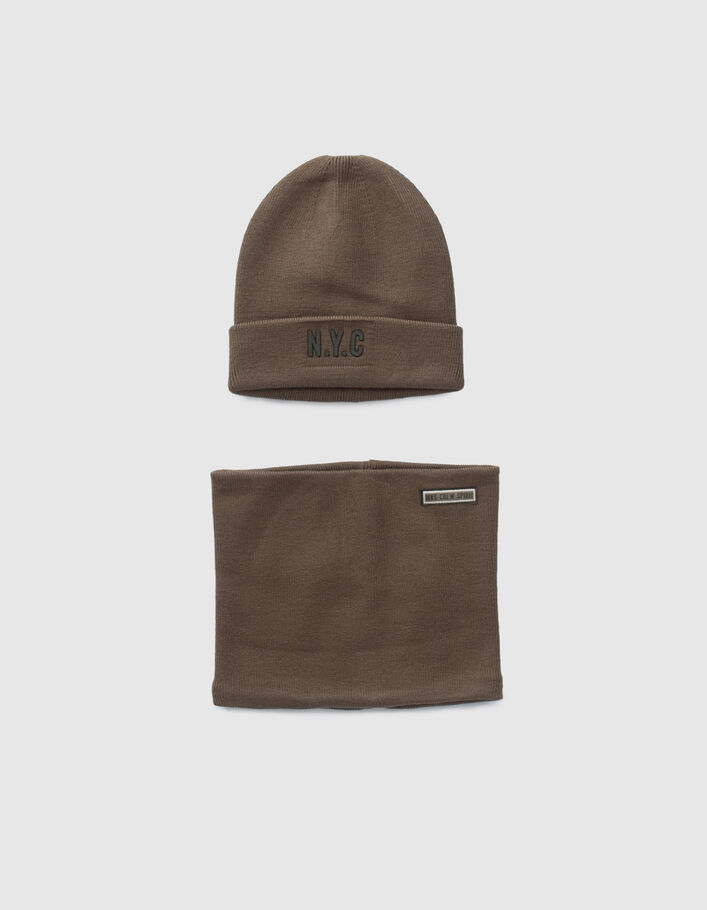 Bonnet et snood kaki tricot marquage gomme garçon