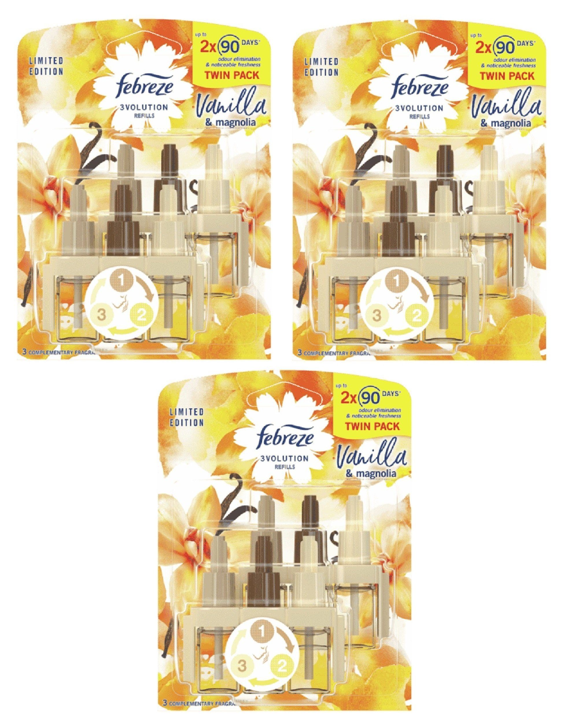 Febreze Raumduft Raumduft Vanilla & Magnolia 3x 2er Pack Duftölflakon (Vanille Nachfüller Duftöl Fruchtig Febreze 20ml je Flasche Aromatherapie Duftölflakon Flakon Diffuser, 6-St., Düfte Febreze 3Volution Refill Düfte), Raumduft für Zuhause frischer