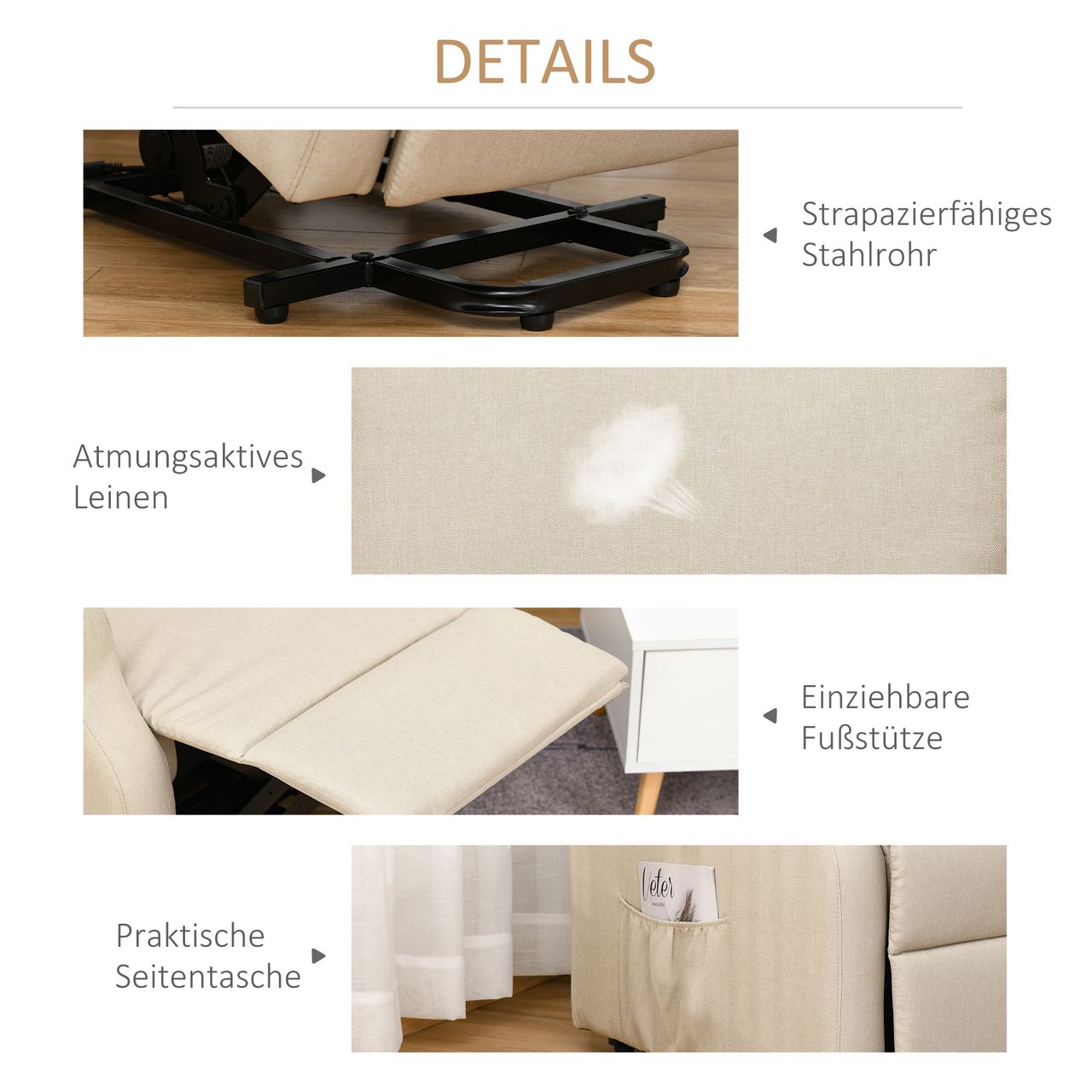 HOMCOM Aufstehsessel Fernsehsessel mit Aufstehhilfe elektrisch Liegefunktion Leinen Creme 72,5 x 94 x 109cm