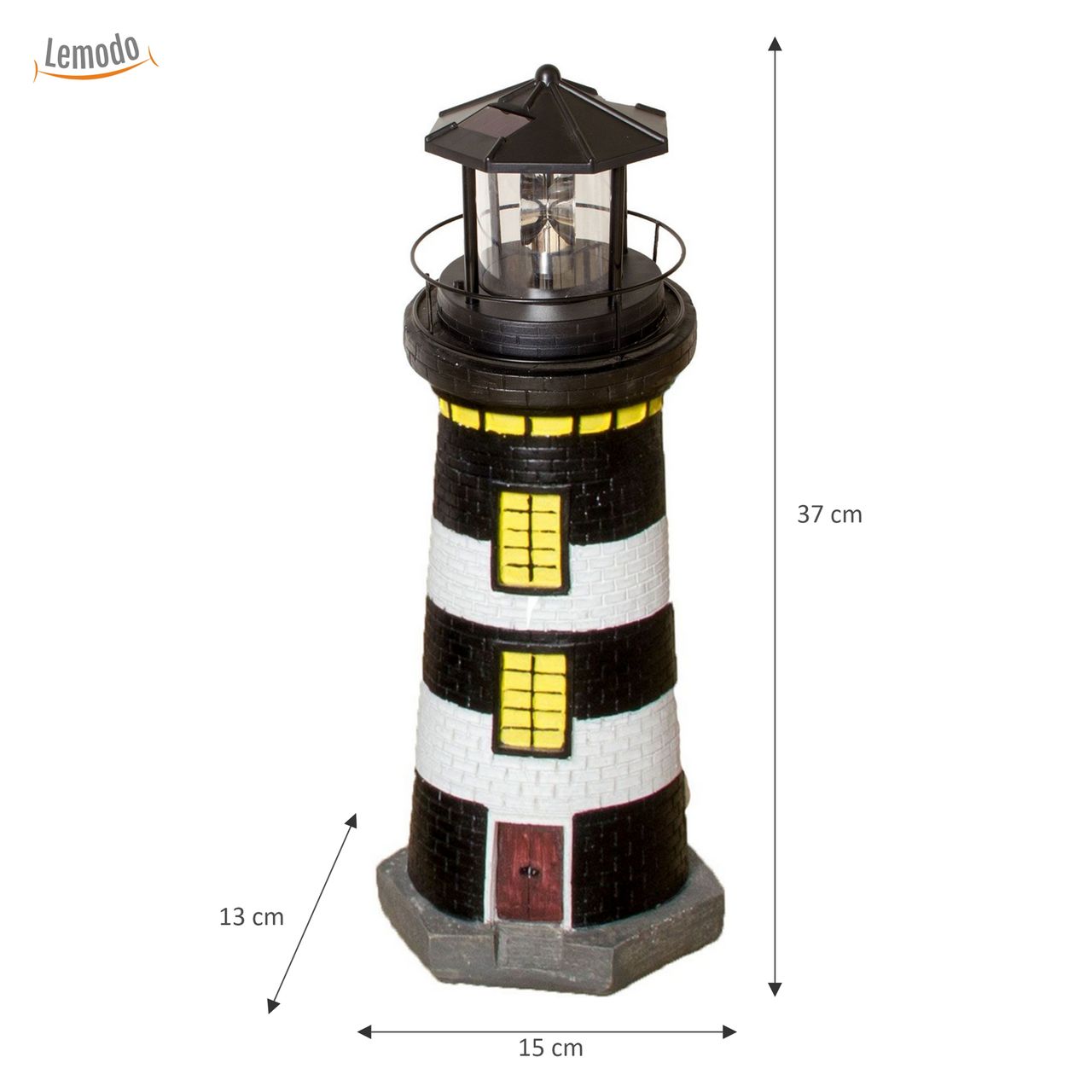 Lemodo Gartendeko Leuchtturm mit Solar schwarz/weiß, handbemalte Gartenfigur 37 cm hoch