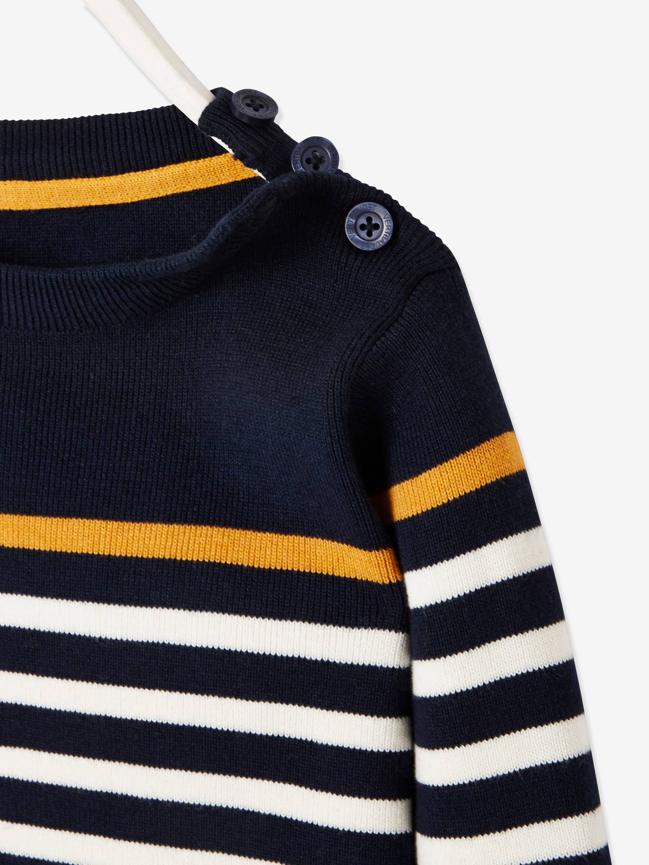 Pull marin garçon ivoire rayé rouge et marine