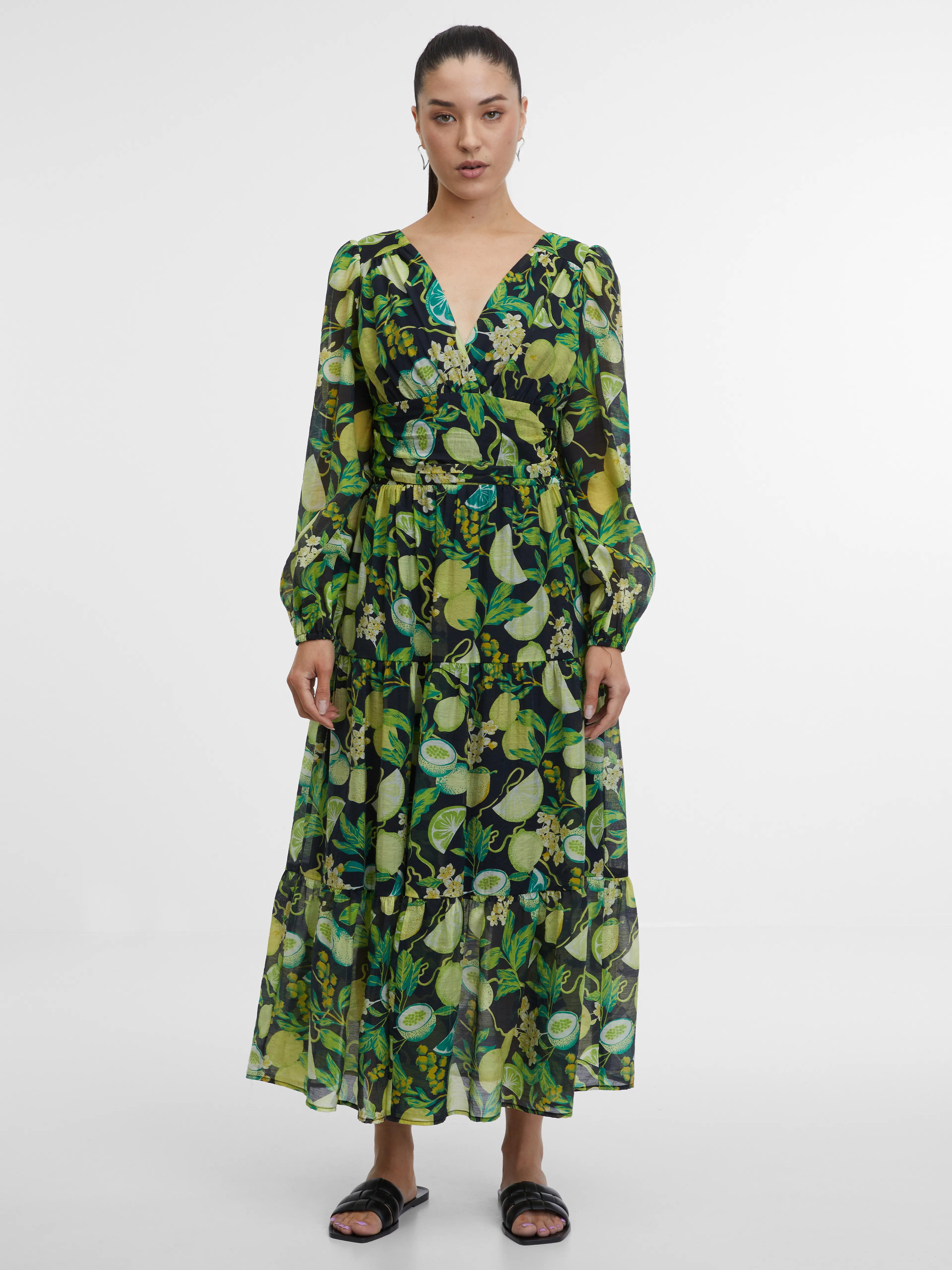 Schwarz-gelb gemustertes Damen-Maxikleid ORSAY