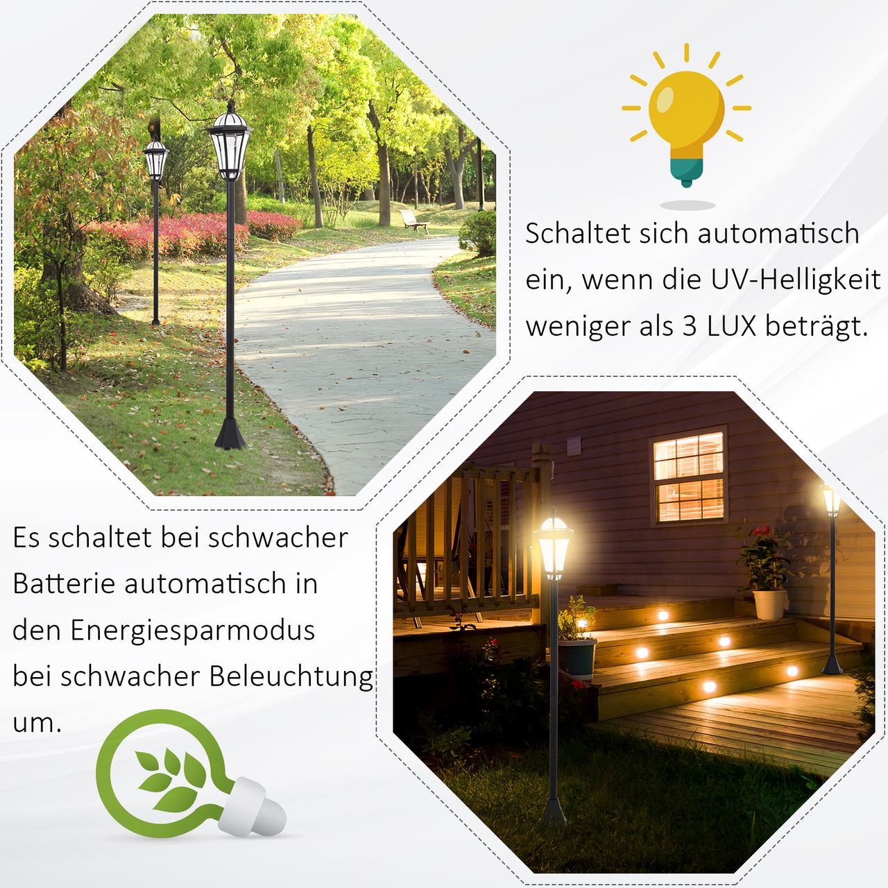Outsunny Solar Gartenlaterne LED Laterne Wegleuchte 6 Stdn. ABS 129cm