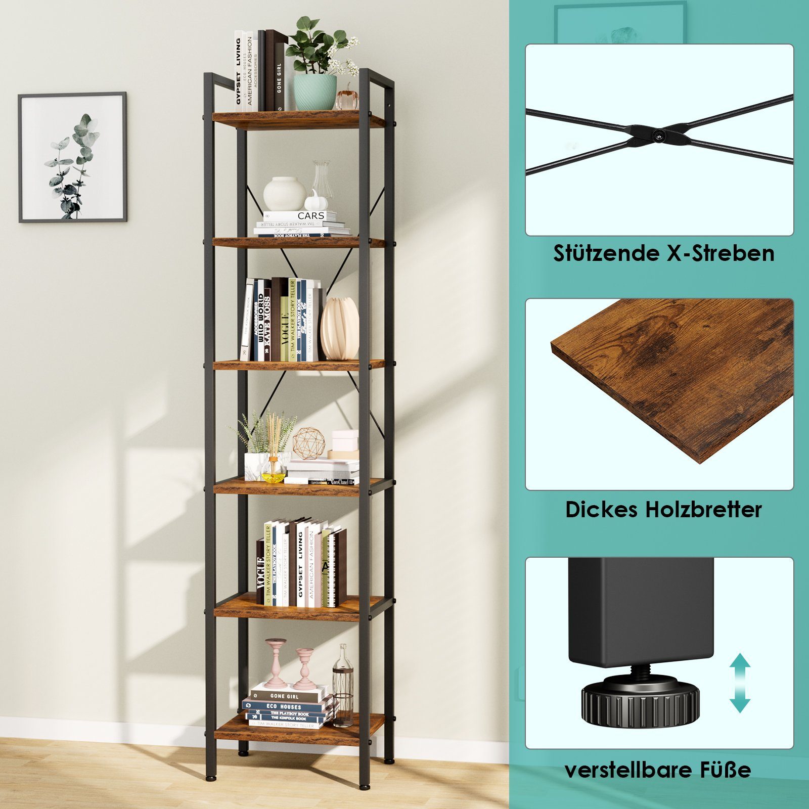 TLGREEN Bücherregal, mit 6 Ebenen, bücherregal standregal, 187 x 40 x 30 cm, Braun