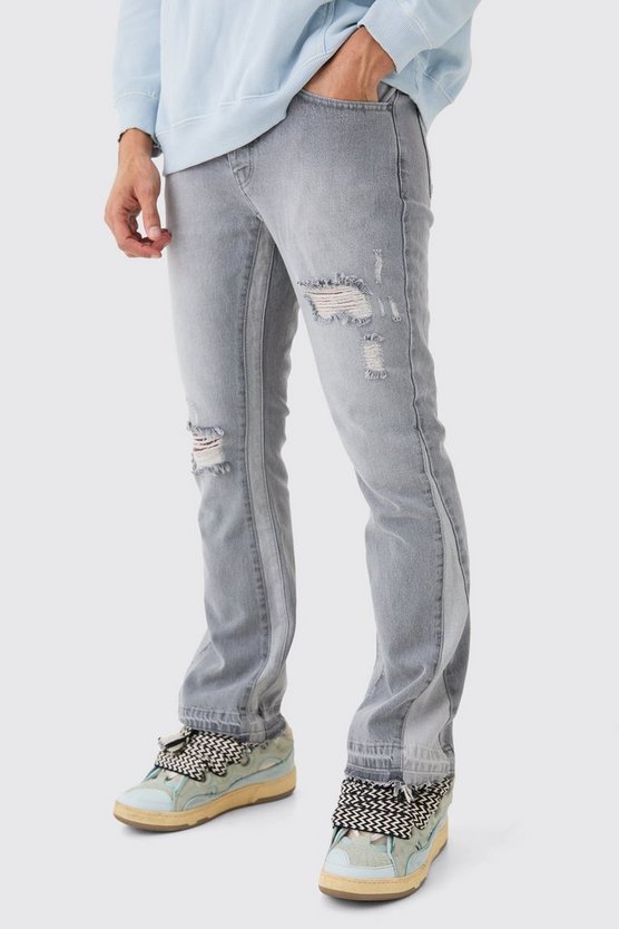 Slim Flare Distressed Panel Jeans