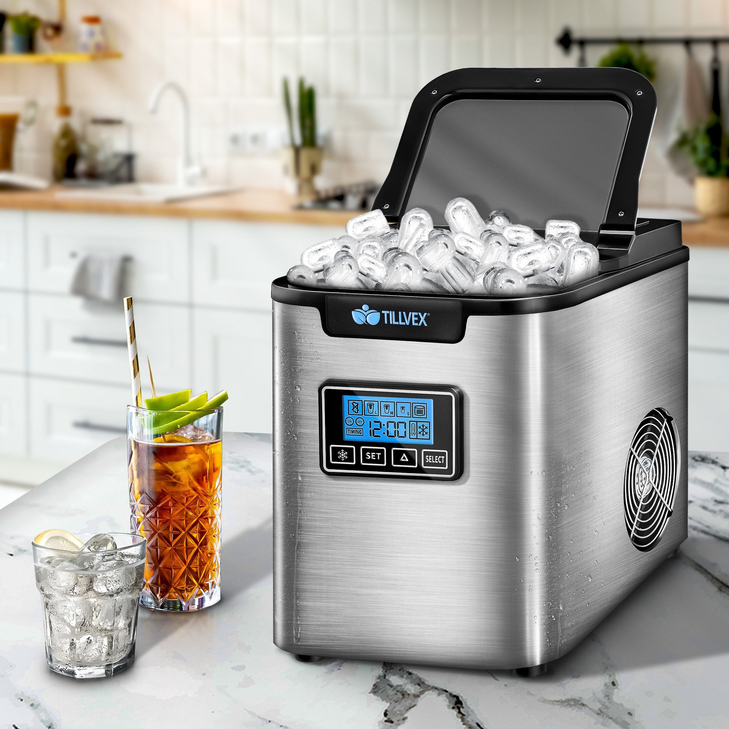 tillvex Eiswürfelmaschine Edelstahl 12 kg - 24h, Eiswürfelbereiter mit Timer, 2,2 Liter Wassertank, Ice-Maker LCD-Display