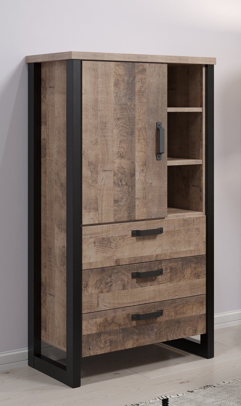 trendteam Wohnwand Wohnwand Anbauwand Emile, Eiche Tabak / Schwarz, 4-teilig, (4-St)