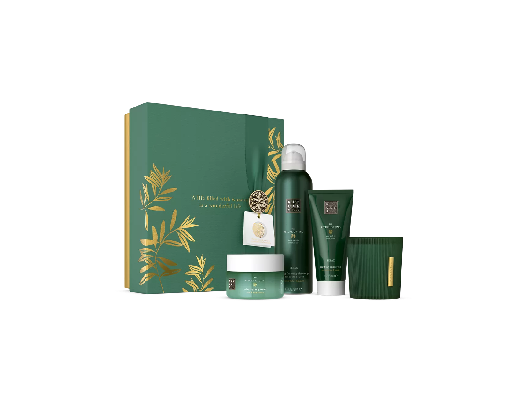 The Ritual of Jing Gift Set M shuimende douchegel 200 ml, bodycrème 100 ml, bodyscrub 125 g, kaars 140 gr