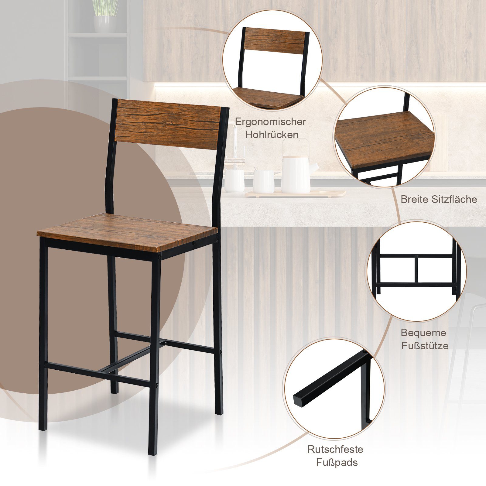 COSTWAY Bartisch, Set Esstisch (90x45x88,5cm) mit 2 Stühlen, 3 tlg., Metall
