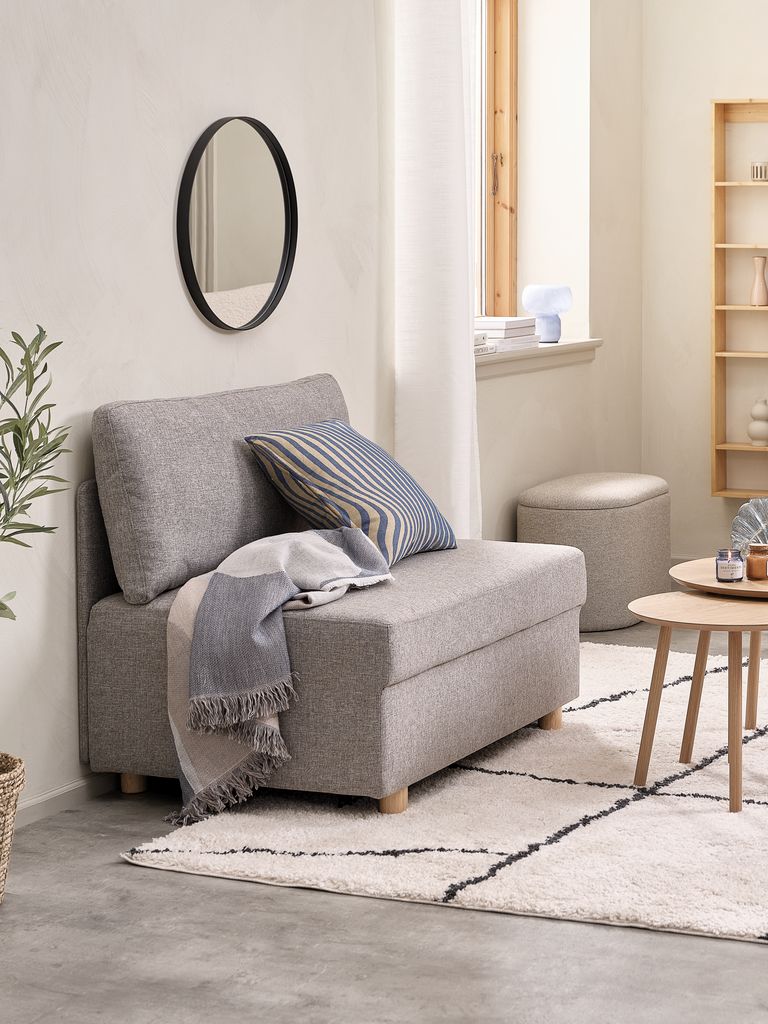 Sofá cama OLSTRUP 1,5 lugares, tecido cinza/carvalho